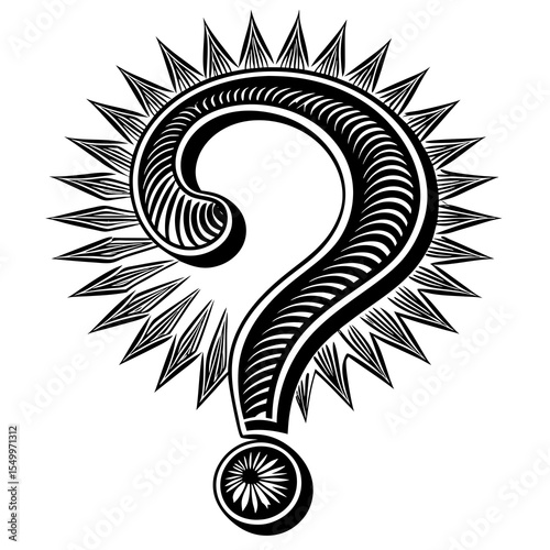 Ornate question mark with radiating lines isolated on white background