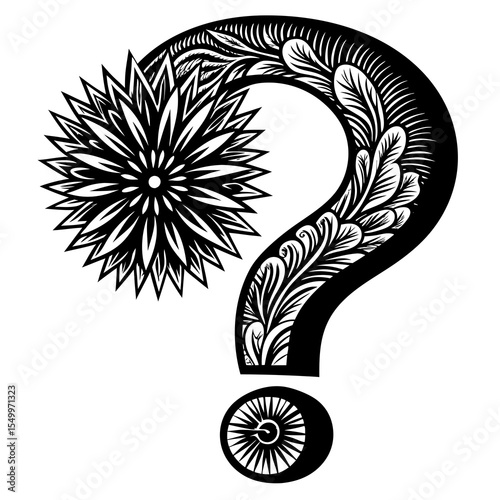 Intricate question mark with floral and radial designs isolated on white