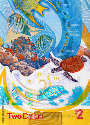 2 Dollars Eastern Caribbean, Polymer banknote with the image of islands and underwater world. Eastern Caribbean money