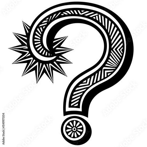 Stylized question mark with tribal patterns isolated on white background