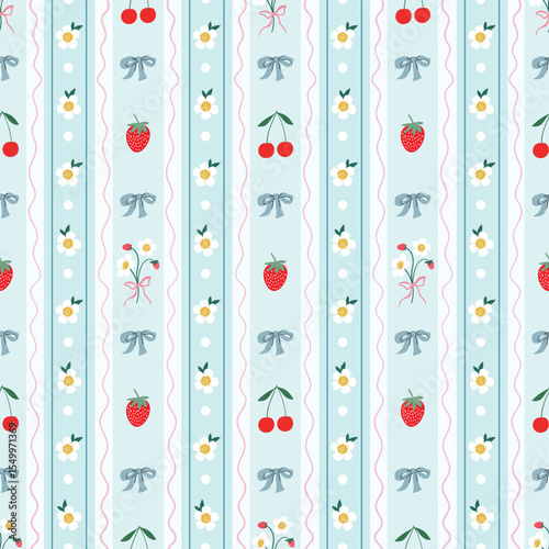 Vintage seamless pattern with fruits and flowers design, summer elegant background, charming delicate wallpaper