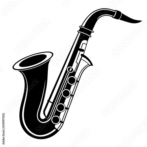 Black saxophone isolated on white background in vector illustration