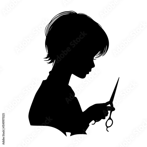 a black silhouette of a little boy holding scissors black, boy, child, hold, little, scissor, silhouette , Generative art.