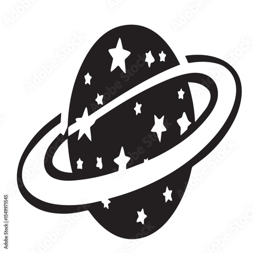 Stylized black planet with white rings and stars against a white background