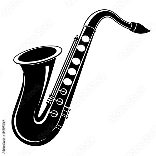 Black saxophone isolated on white background in graphic illustration