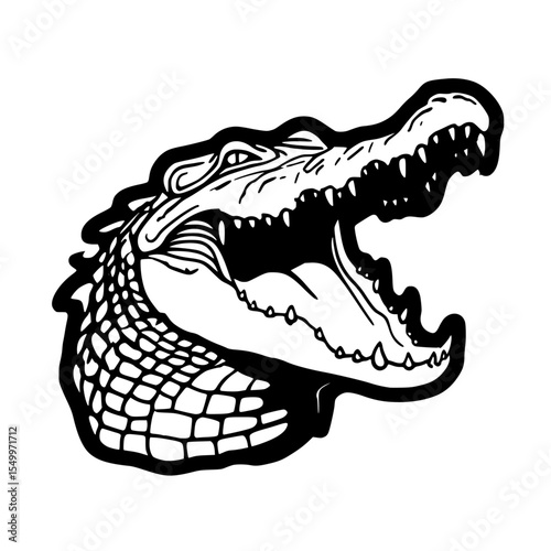 a black and white drawing of the head of an alligator with an open mouth alligator, black, crocodile, drawing, head, illustration, mouth, open, tooth , Generative art.