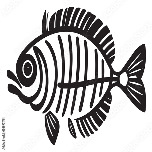 Stylized black and white illustration of a fish skeleton on a white background