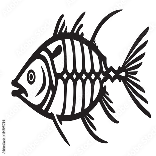 Stylized black and white illustration of a fish skeleton in profile
