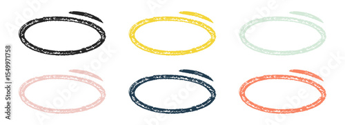 Grunge Hand Drawn Circle Highlights with dry brush or marker texture. Marker Color Scribble Elements Set. Sketchy rough oval and circular frames perfect for emphasizing text, UX design elements, note