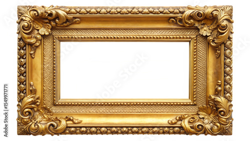 Ornate antique gold picture frame with intricate carvings and decorative elements isolated on a transparent background
