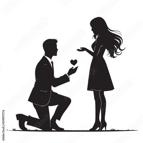 Man in suit kneeling offering heart silhouette to woman