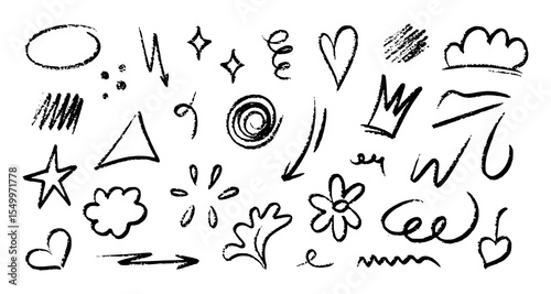 Hand drawn doodle sketch elements in black crayon texture on white background. Collection includes arrows, hearts, stars, crowns, spirals, abstract symbols, and playful shapes. Perfect for