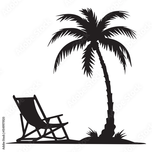 Black silhouette of a palm tree and a beach chair on a white background