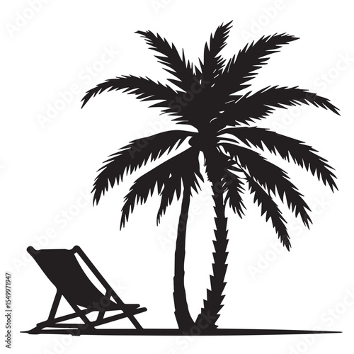 Black silhouette of a palm tree and a beach chair on a white background