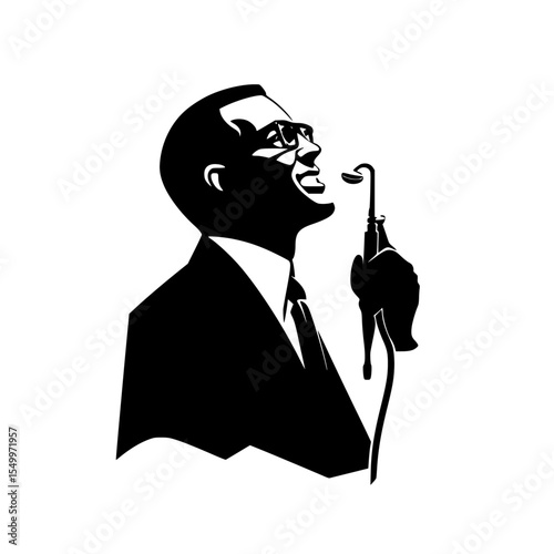 a black silhouette of a man in a suit with glasses holding a pipe to his mouth black, business suit, glass, gun, hand, hold, man, mouth, pipe, silhouette, smoke, suit , Generative art.