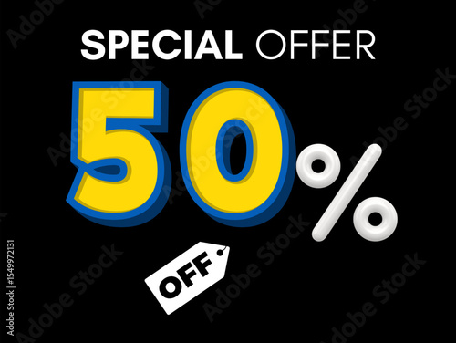 Special offer fifty percent off discount tag with bold yellow numbers