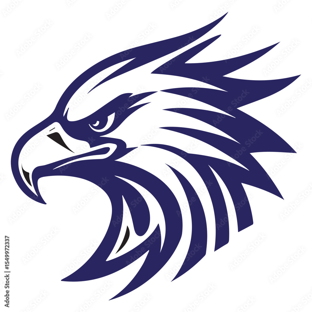 Obraz premium Stylized dark blue eagle head profile with sharp feathers and fierce expression