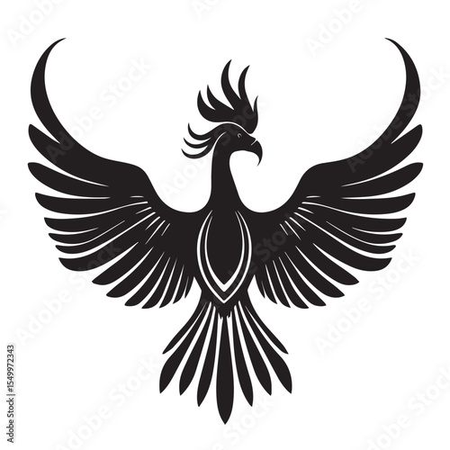 Stylized black phoenix silhouette with wings spread wide against white background