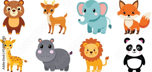 Cute cartoon type animals vector illustration set. Tiger, zebra, lion, hippo, panda, beart, deer collection