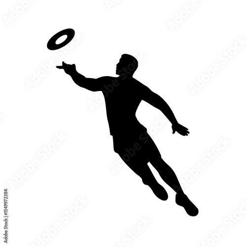 a black and white silhouette of a man playing frisbee black, catch, frisbee, jump, man, play, play with, silhouette, throw , Generative art.