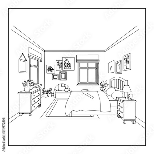interior of a living room with furniture coloring page