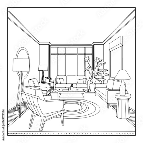 interior of a living room with furniture coloring page