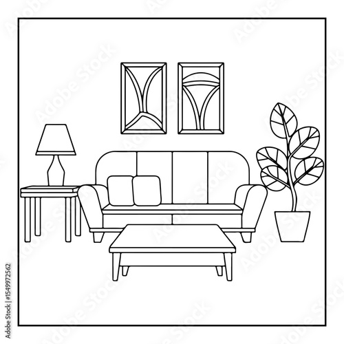 interior of a living room with furniture coloring page