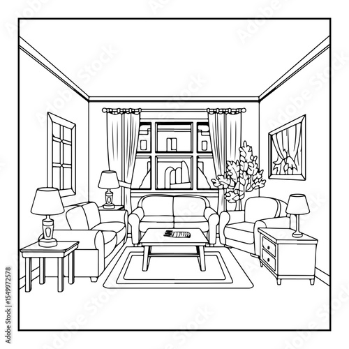 interior of a living room with furniture coloring page