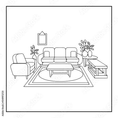 interior of a living room with furniture coloring page