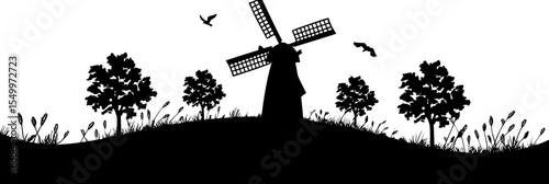 a black and white silhouette of a windmill on a grassy hill with trees and grass bird, black, field, fly, grass, grassy, hill, landscape, silhouette, tree, windmill , Generative art.