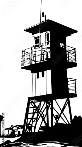a black and white illustration of a house on stilts on the beach beach, black, house, illustration, silhouette, stilt, tower, water , Generative art.