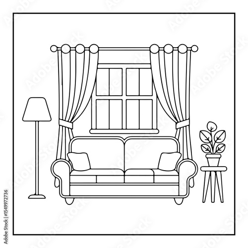 interior of a living room with furniture coloring page
