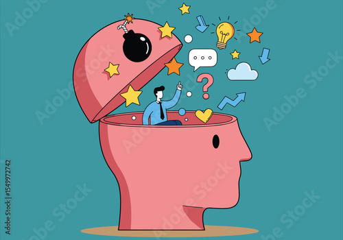 Silhouette of a man's head with a business icon and lightbulb, symbolizing the concept of thinking about money and ideas