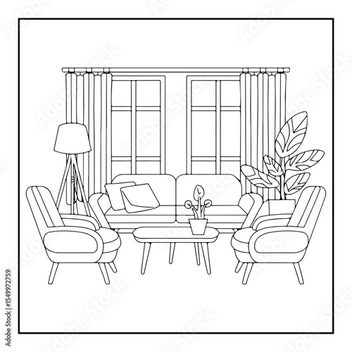 interior of a living room with furniture coloring page