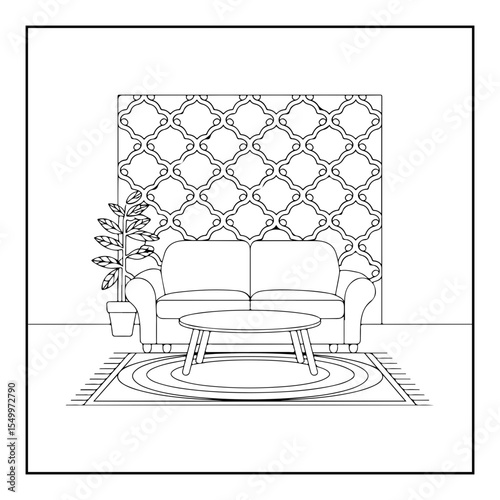 interior of a living room with furniture coloring page