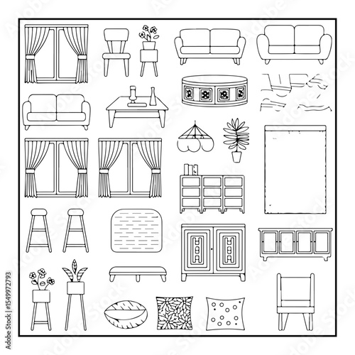 interior of a living room with furniture coloring page