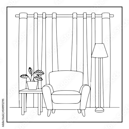 interior of a living room with furniture coloring page