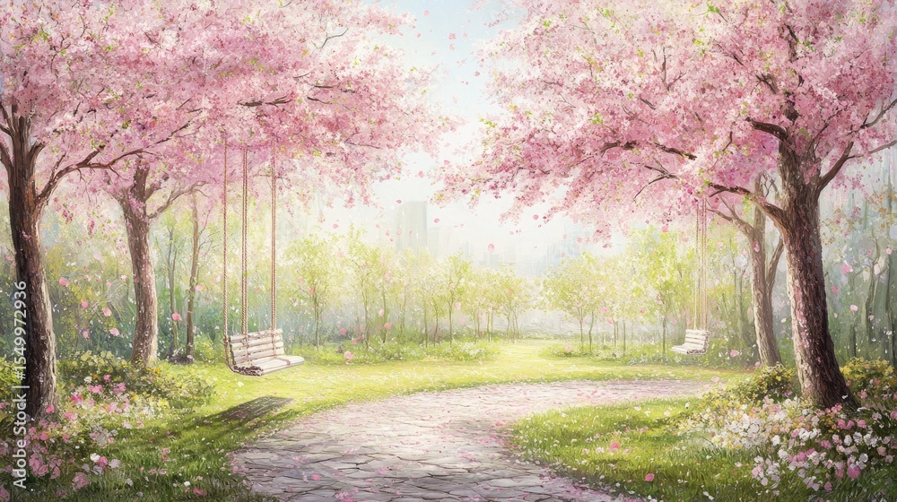 Fototapeta premium A serene park scene under blossoming pink cherry trees.