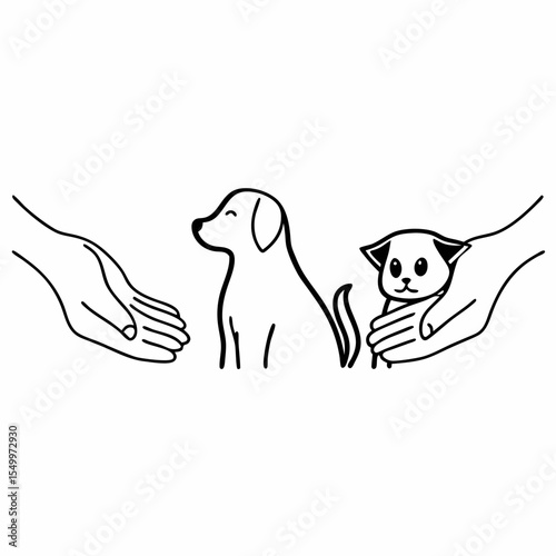 domestic cat and dog simple minimal silhouette. human hands hugging animal. icon infographic for veterinary, pet shelter, pet adoption and animal charity
