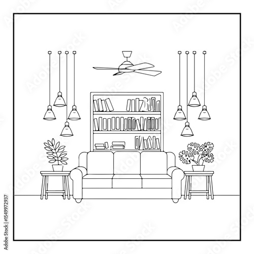 interior of a living room with furniture coloring page