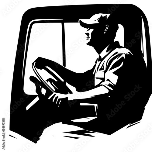 a black and white image of a silhouette of a man in a hat sitting behind the wheel of a truck driving a vehicle black, car, drawing, drive, driver, hat, illustration, image, man, silhouette, sit.