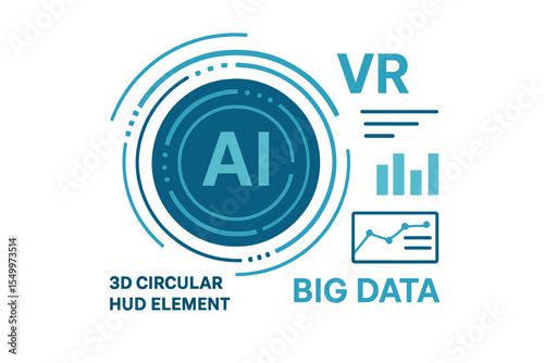 Concept of futuristic technology, featuring a 3D circular heads-up display element, incorporating AI, VR, and big data infographics, with a sci-fi system security theme, for business and tech, as a