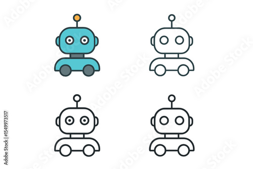 Vector illustration of robot assistant icons in various styles, including filled, thin line, outline, and stroke, suitable for mobile, ui, and web applications