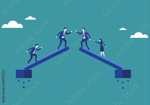 Businessman running on stairs to success with a red arrow symbol, illustrating leadership and the concept of achievement in a competitive business environment