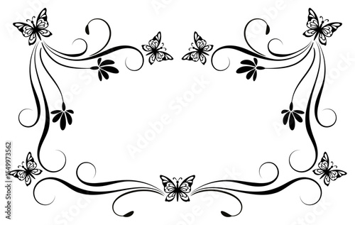 Frame ornament with flowers, leaves and butterflies. Decorative element for decor and text greeting or invitation card design.
