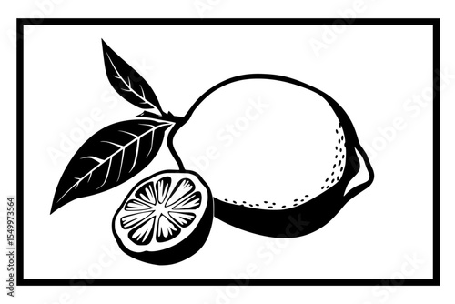 a black and white picture of an orange, lemon and lime with a leaf black, drawing, fruit, illustration, leaf, lemon, lime, orange, picture , Generative art.