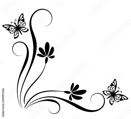 Corner ornament with flowers, leaves and butterfly. Decorative element for decor and text greeting or invitation card design.
