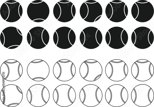 Tennis ball icons set, black and outline versions, sports equipment illustration, minimal vector collection, athletic gear symbols, professional match design, court game elements