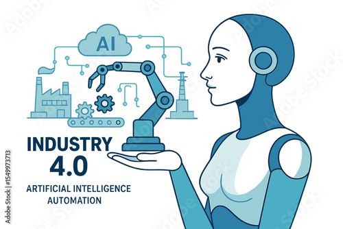 The concept of Industry 0 involves  automation in product manufacturing within a smart factory, utilizing AI for intellectual management of industrial processes, as depicted by a robot woman