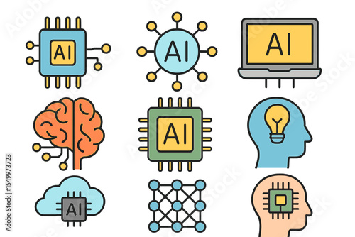 Collection of  line icons including Technology, ai, digital, brain, chip etc, labeled as Set